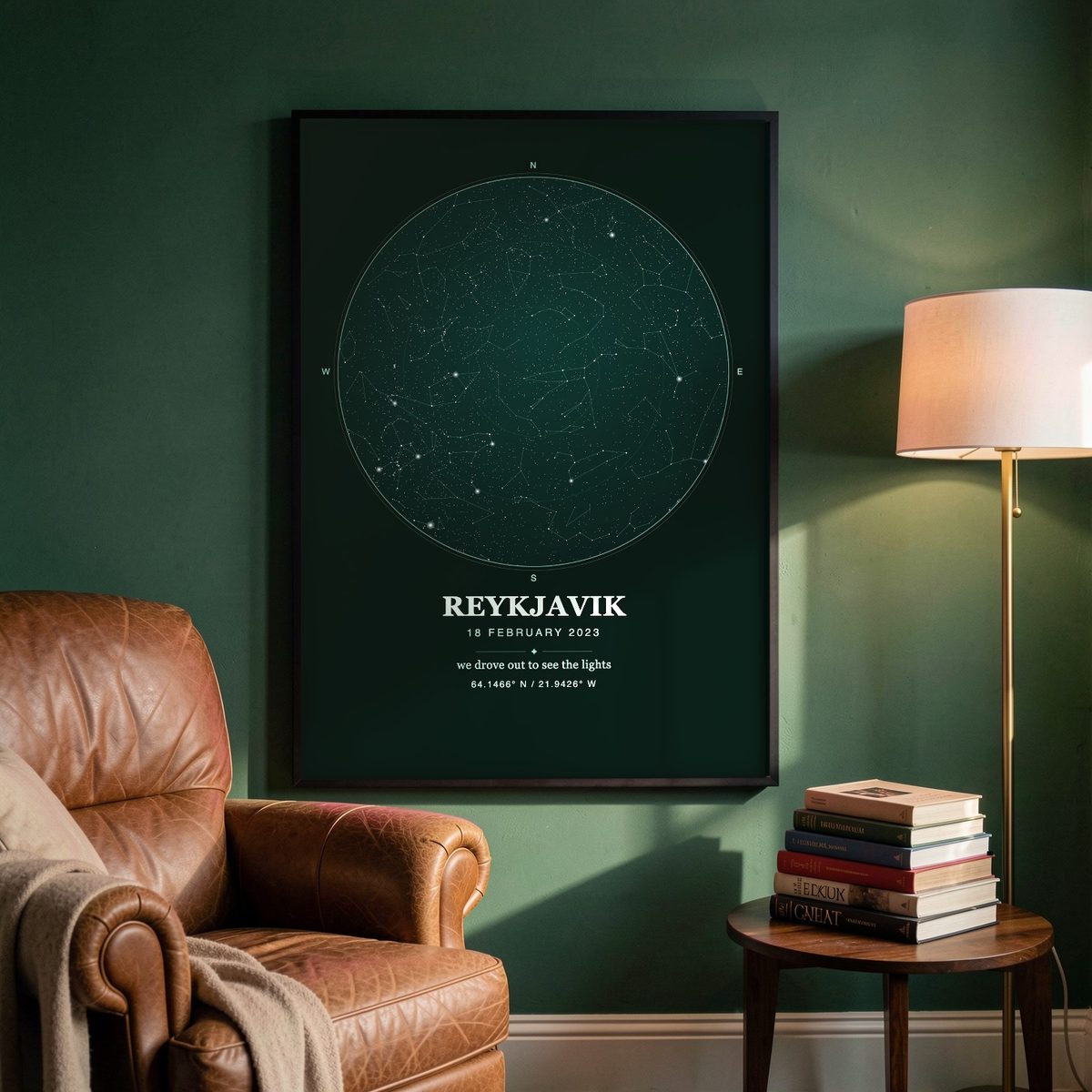 Mockup: a teal Aurora-style Skynolie star map on a green wall beside a leather armchair