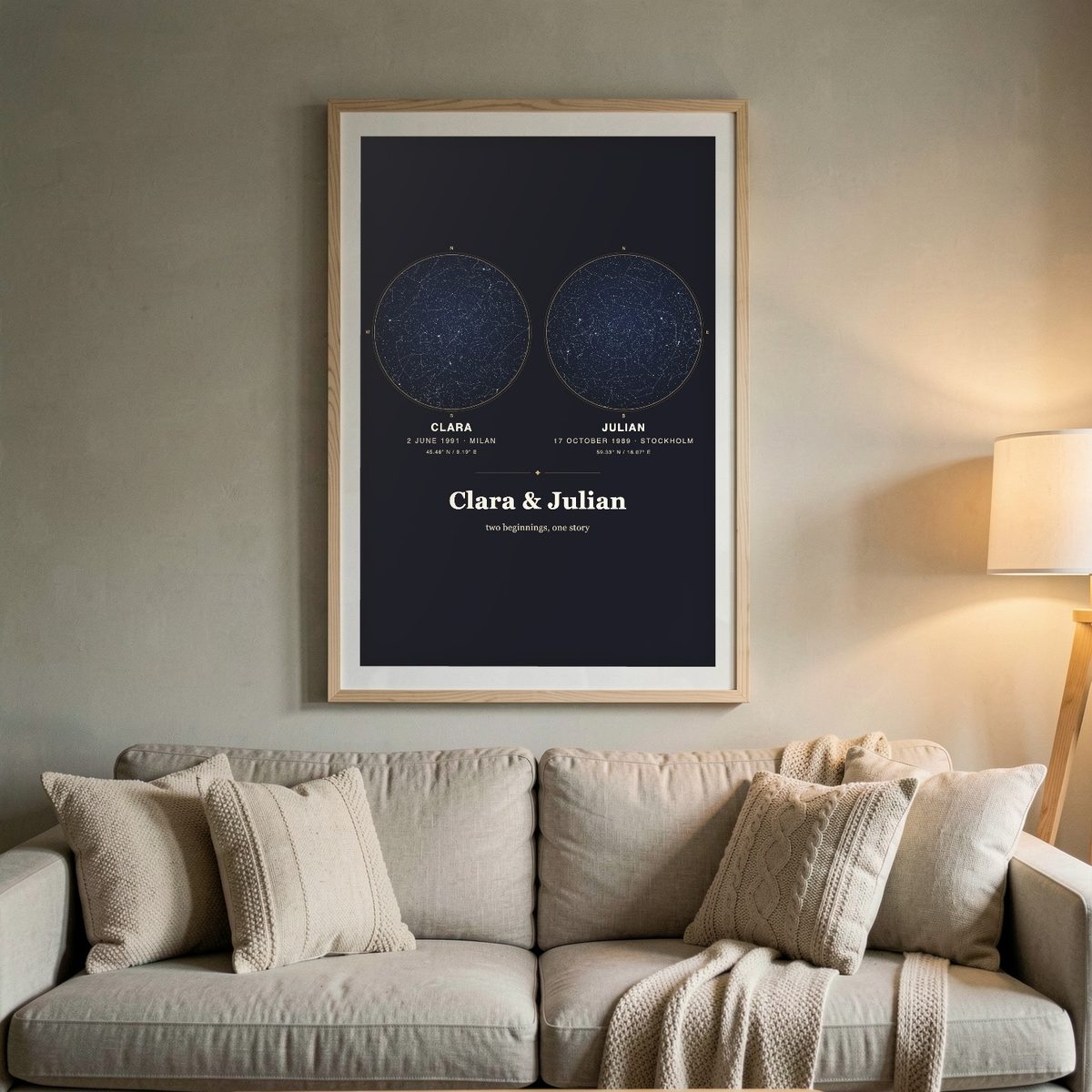 Mockup: a Skynolie couple's poster with two night skies, framed above a gray sofa